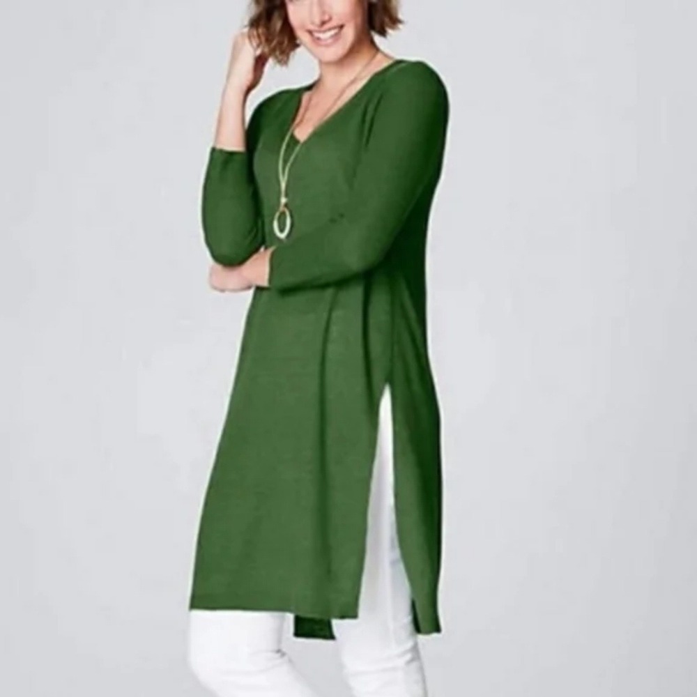 J Jill Womens Linen Blend V-Neck Tunic Top Size Small Petite Green Side Vents‎